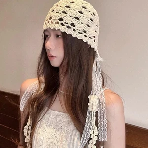 Bohemian Tassel Knitted Cap Ethnic Hollow Crocheted Beanie Caps Tassel Cap Sweet - Picture 1 of 12