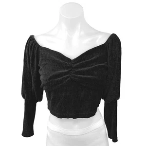 Zara Black Velour Velvet Off The Shoulder Cinched Balloon Sleeve Crop Top Sz XS - Picture 1 of 4