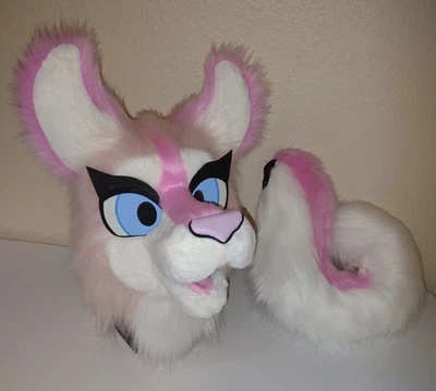 Traje de piel de husky rosa disfraz de animal parcial mascota cabeza y cola! Foto 1 de 4