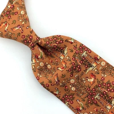 Salvatore Ferragamo Italia Corbata Naranja Rojo Verde Lujo Flor Gallo Seda Nuevo Foto 1 de 4