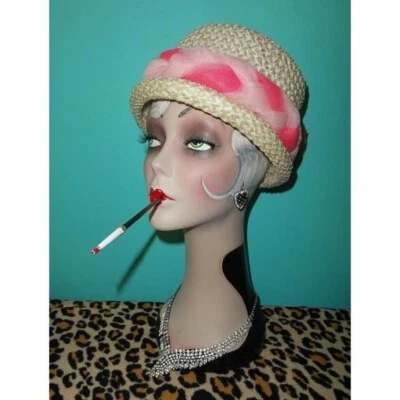 Vintage White Old School Top Hat pink mesh cigarette girl retro  - Image 1 of 4