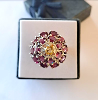 Bague citrine grenat rhodolite argent 925 T 57  style halo - Photo 1/4