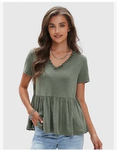 Women's ShortSleeve Babydoll Top Cute V Ruffled Neck T-shirt Peplum Blouse Tunic - Picture 1 of 12