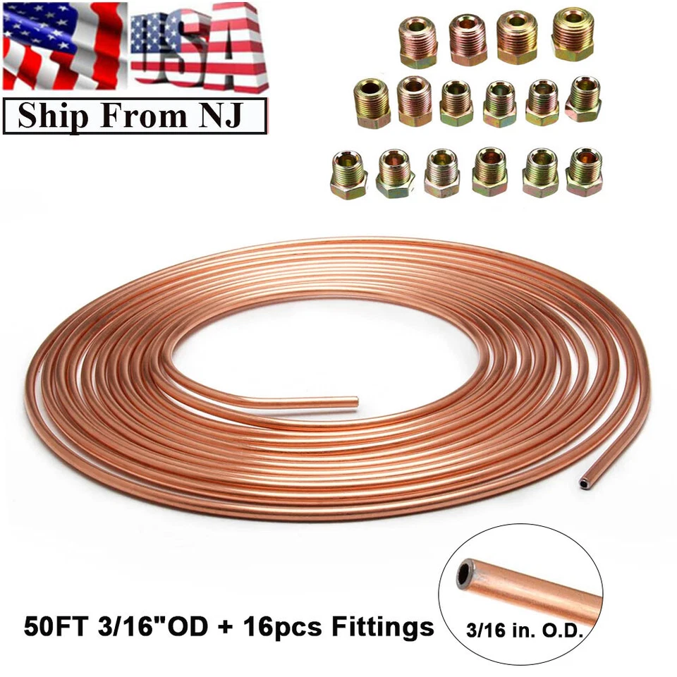 Kit de tubería de freno de automóvil enchapada en cobre bobina 3/16"" OD 50 FT + 16 piezas de montaje Foto 1 de 4