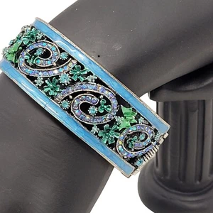 Blue Enamel Rhinestone Filagree Clamper Bangle Bracelet Flower Sparkle Glam 6.5" - Picture 1 of 9