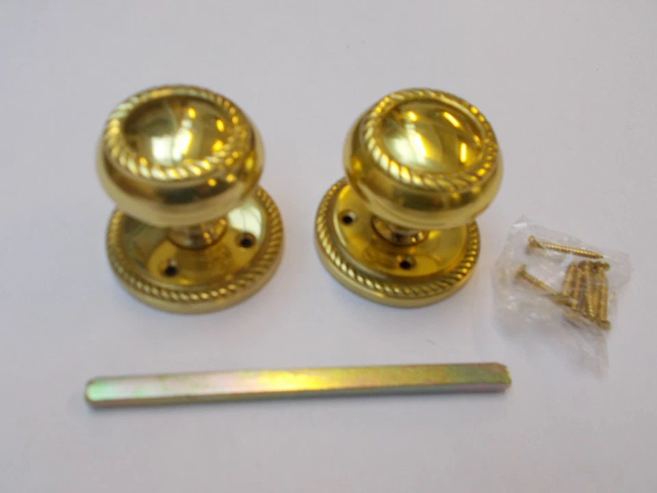 SOLID BRASS GEORGIAN ROUND MORTICE DOOR KNOBS PULL HANDLES SET - Image 1 of 1