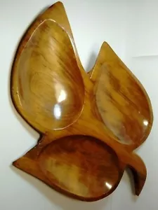 VINTAGE BOWL LARGE WOODEN LEAF SHAPE 3 SECTIONS 19" X 13" X 2.25" - Picture 1 of 3