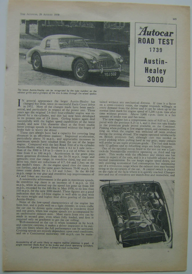 Austin Healey 3000 Period Road Test Cutting from The Autocar 1959 - Image 1 of 1