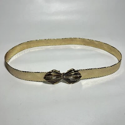 Whiting & Davis Rhinestone Shell Wide Mesh Metallic Gold Metal Belt 31” Long - Image 1 of 4