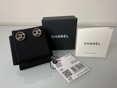 Chanel 22A Classic CC Logo Rhinestone Crystals Stud Silver Tone Earrings RECEIPT - Image 1 of 4