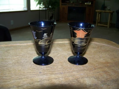 Set Of 2 Vintage Japanese Sake Pedestal Lacquerware Plastic Shot Cups 2.5” Tall - Image 1 of 4