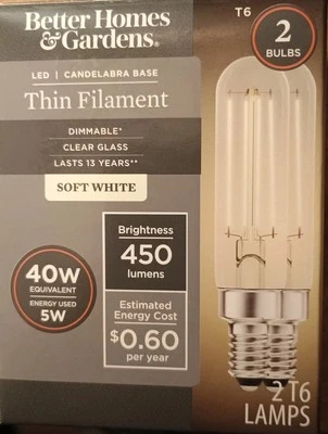 2  T6 LED Soft White Light Bulbs, 5 Watts (40W Equivalent) 2pk New - Image 1 of 4