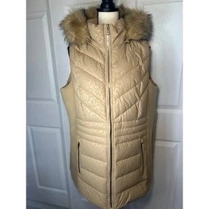 Chaleco acolchado Michael Kors capucha de piel sintética beige estampado de guepardo logotipo MK 1x nuevo sin etiquetas - Imagen 1 de 11