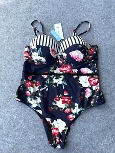 BNWT Cupshe Ladies Size XL Blue Floral Roses One Piece Moulded Cup Swimsuit - Picture 1 of 9