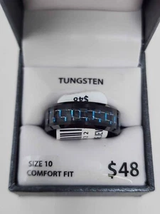New Mens Black & Blue Carbon Fiber Inlaid Black Tungsten Ring 8mm Size 10 - Picture 1 of 5