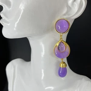 Gripoix Style Purple Earrings Gold Tone Resin Cabochon Pierced Dangle Drop - Picture 1 of 6