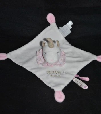 🍀Doudou Plat Licorne DOUDOU ET COMPAGNIE DC3535 Blanc Rose Doré Or Carré TTBE - Photo 1/3