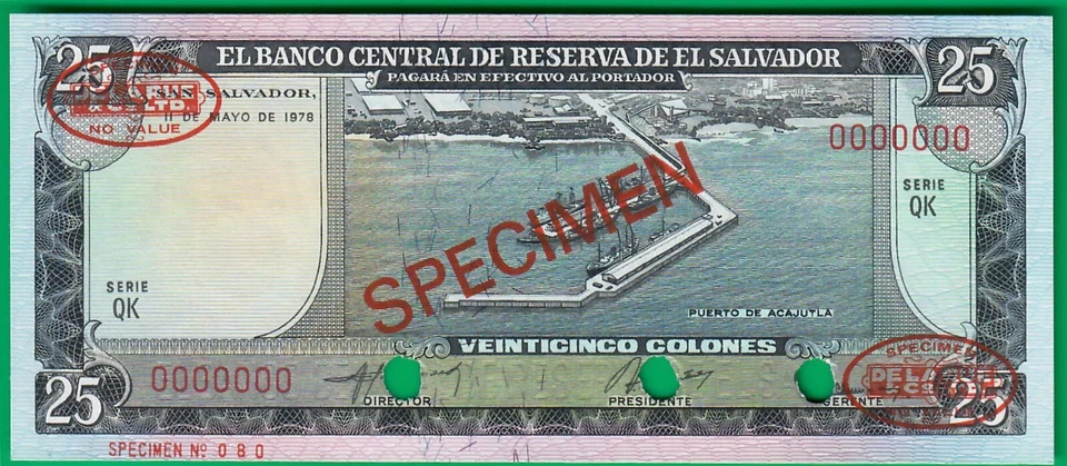 El Salvador 25 colones 11/5/1978 specimen, Series QK, P130s, UNC - Image 1 of 2