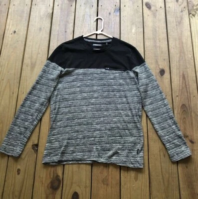 NWT Kenneth Cole women's L black gray stripe long sleeve top w/ zipper pocket - Image 1 of 4