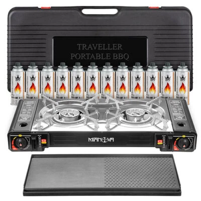 Doppel Gaskocher 2-flammig 2in1 Camping Kocher 4,4 KW Grillplatte + Gasflaschen - Bild 1 von 4