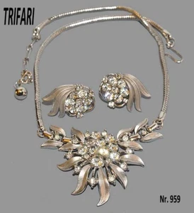 Trifari, demi parure "Flower Starburst" collier e orecchini silvertone anni 50 - Foto 1 di 5
