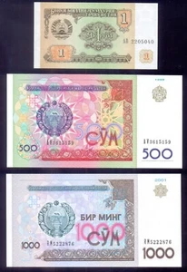 Tayikistán, Uzbekistán 1 Rublo 1994; 500, 1000 Sum 1999 (3 uds.) UNC - Imagen 1 de 2