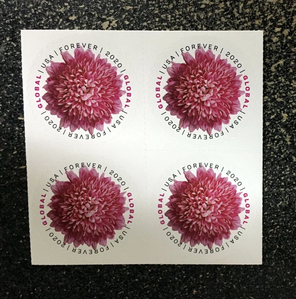 2020USA #5460 Global Forever Rate - Chrysanthemum - Block of 4 Mint sase postage - Image 1 of 1