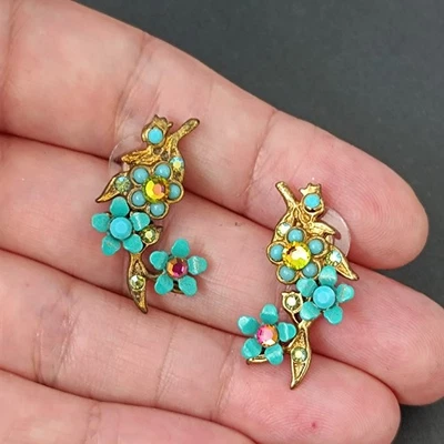 Pendientes Michal Negrin Turquesa Rama Flor Romántico AB Cristal Vintage Boho Foto 1 de 4