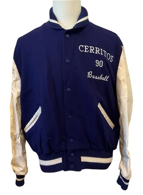 Vintage Delong sz 44 Cerritos Baseball Wool Blue Snap Varsity Bomber Jacket - Image 1 of 4