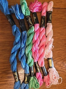 6 DMC Size 5 Cotton Pearl NEEDLEPOINT THREAD Twist Skein Pink Blue Green - Picture 1 of 1