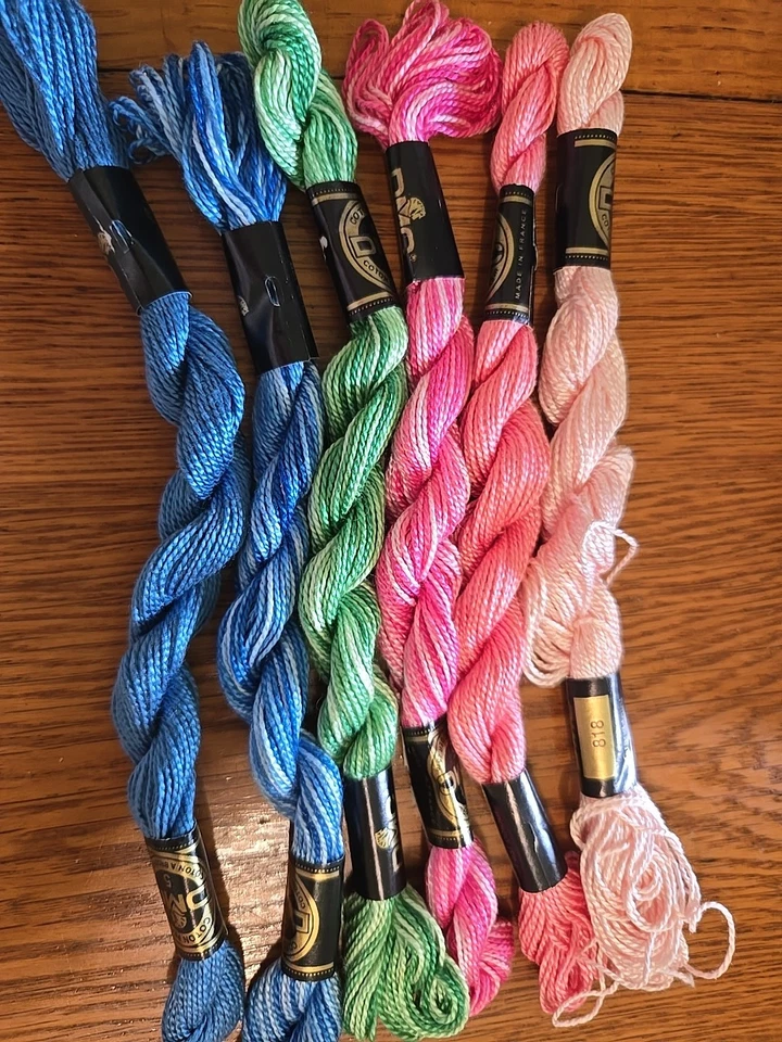 6 DMC Size 5 Cotton Pearl NEEDLEPOINT THREAD Twist Skein Pink Blue Green - Image 1 of 1