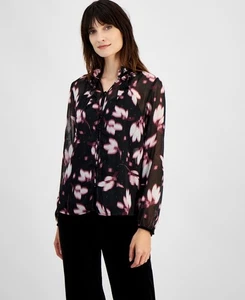 Anne Klein Ruffle Neck Blouse Women's Small Printed Long Sleeve Button Front - Picture 1 of 15