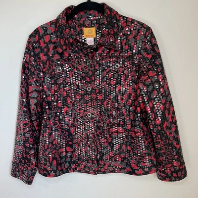 Ruby Rd. Women's 8 Jacket Black Red Gray Shiny Detail Button Front Office Pocket - Image 1 of 4