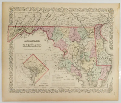 Antiguo mapa litográfico coloreado a mano Atlas de Colton de 1860 Maryland Washington DC Foto 1 de 4