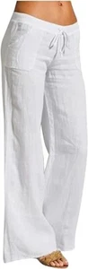 Rushaibar Womens Linen Lounge Pants High Waist Drawstring Loose Fit Med White - Picture 1 of 6