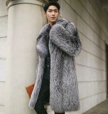 Faux Fur Mens Winter Warm Long Jacket Lapel Overcoat Trench Coat Outwear Tops - Image 1 of 3