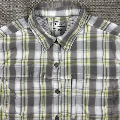 LL Bean Womens Shirt L Short Sleeve Regular Plaid Gray Green White Travel Hiking - Image 1 of 4