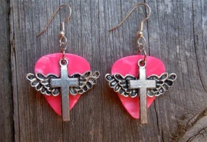 Winged Cross Charm Guitar Pick Earrings - Pick Your Color - Picture 1 of 21