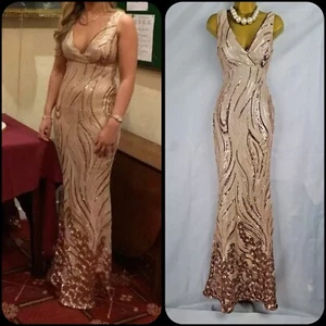 QUIZ Sequin Rose Gold Evening Dress Maxi, Party Cocktail, Cruise Prom UK8 - Picture 1 of 15