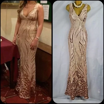 Maxi Vestido de Noche QUIZ Lentejuelas Oro Rosa, Fiesta Cóctel, Crucero Baile de graduación UK8 Foto 1 de 4