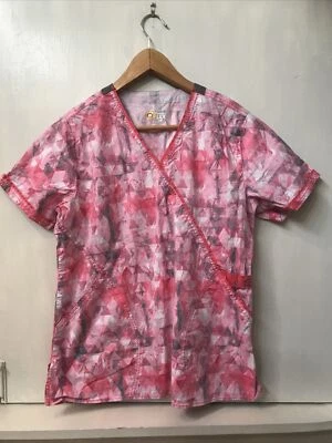 WonderWink Wonder Flex 6578 Women's Pink Gray Geometric Print V-Neck Scrub Top M - Image 1 of 3