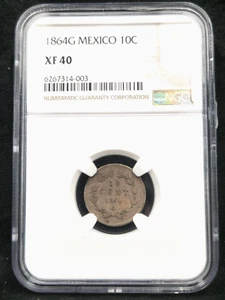 1864M NGC XF-40 Ten 10 Centavos Empire of Maximilian Mexico #2632 - Picture 1 of 4