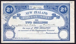 New Zealand - 2 Shilling - Postal Note - No. 347836 - VF - Bild 1 von 2