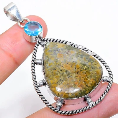 Pendente In Argento Sterling 925 Fatto A Mano In Unakite E Topazio 2.56" - Immagine 1 di 4