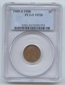 1909-S VDB Lincoln Wheat Cent, Key Date, PCGS VF-20 - Picture 1 of 2