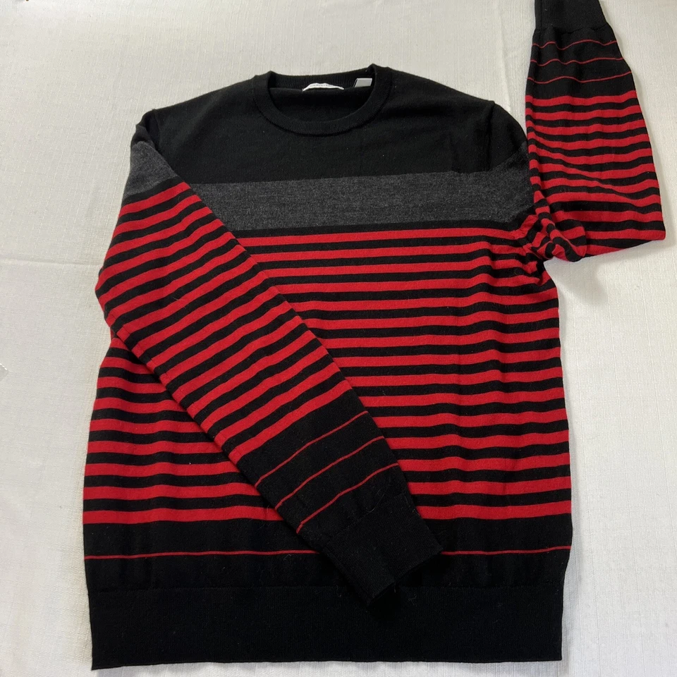 Calvin Klein Mens Large Pullover Sweater Red Black Striped Crew Neck Long Sleeve - Image 1 of 4