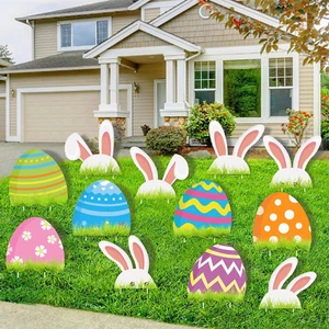 12 PCS Easter Yard Sign Decorations Outdoor, Easter Bunny Eggs Yard Signs with S - Picture 1 of 12