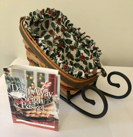 Longaberger ‘99 Dash Away Sleigh Basket 13943 Iron Runner Holly Liner Protector Cover