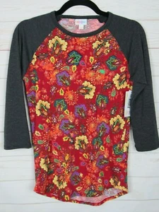 Lularoe Damen Randy rot geblümt mit dunkelgrauen Ärmeln Top Größe XXS neu mit Etikett - Bild 1 von 3