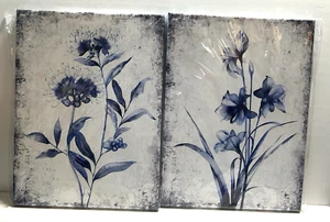 KREATIVE ARTS 2 Stück Leinwand Wandbild Marineblau und Grau Blumenmalerei Kunstdrucke - Bild 1 von 4